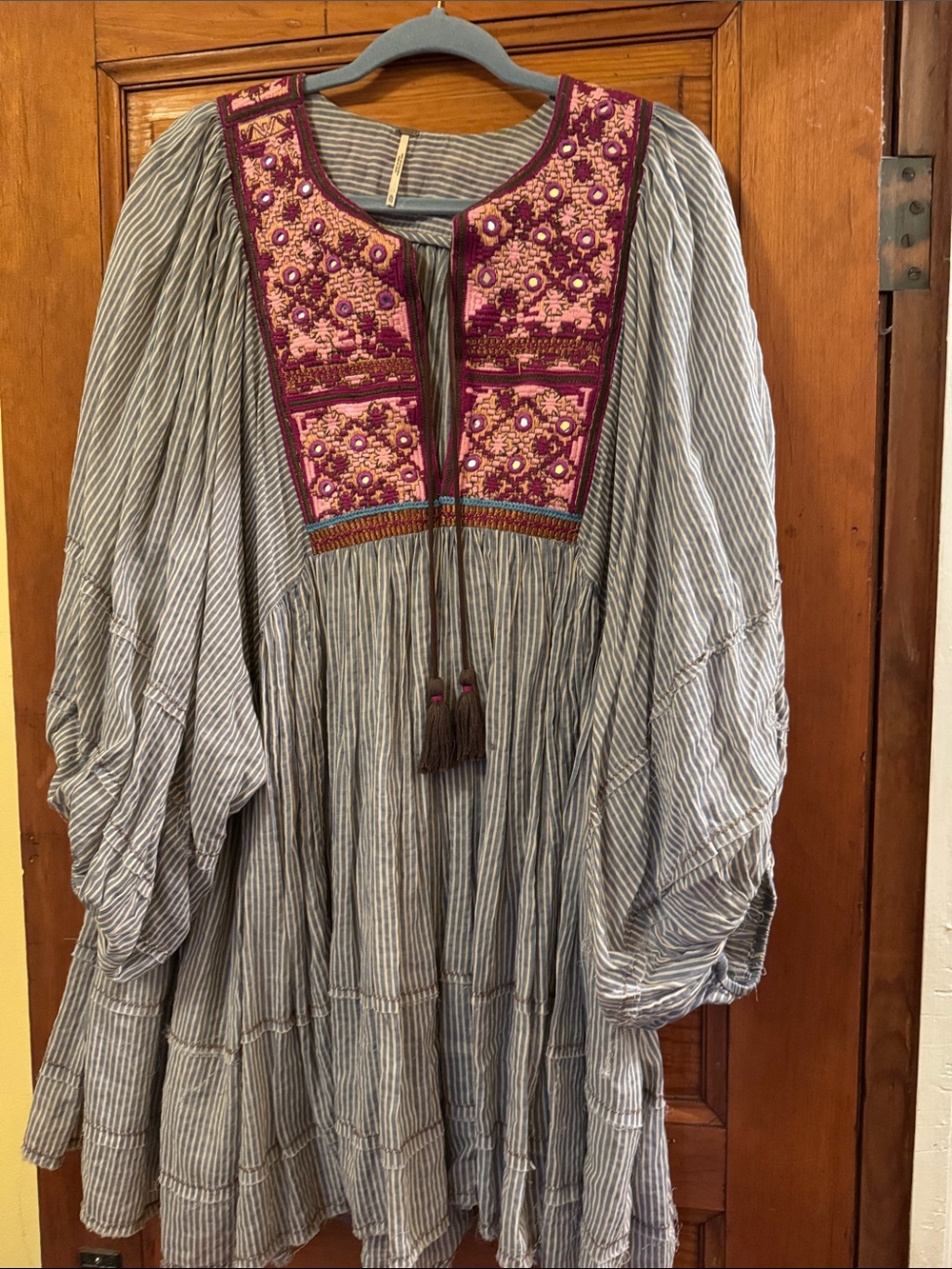 Free People Blue Striped Tunic with Pink & Purple Embroidered Yoke